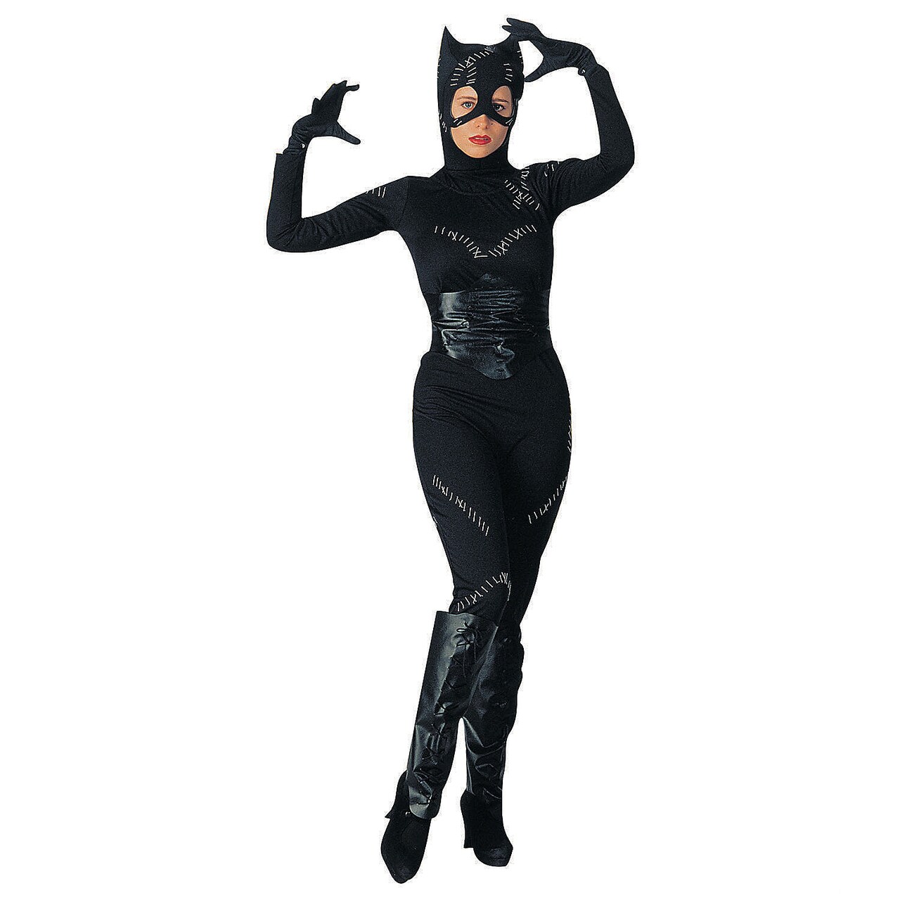 Women’s Catwoman Costume Stretch Jumpsuit Headpiece Leather Look Belt